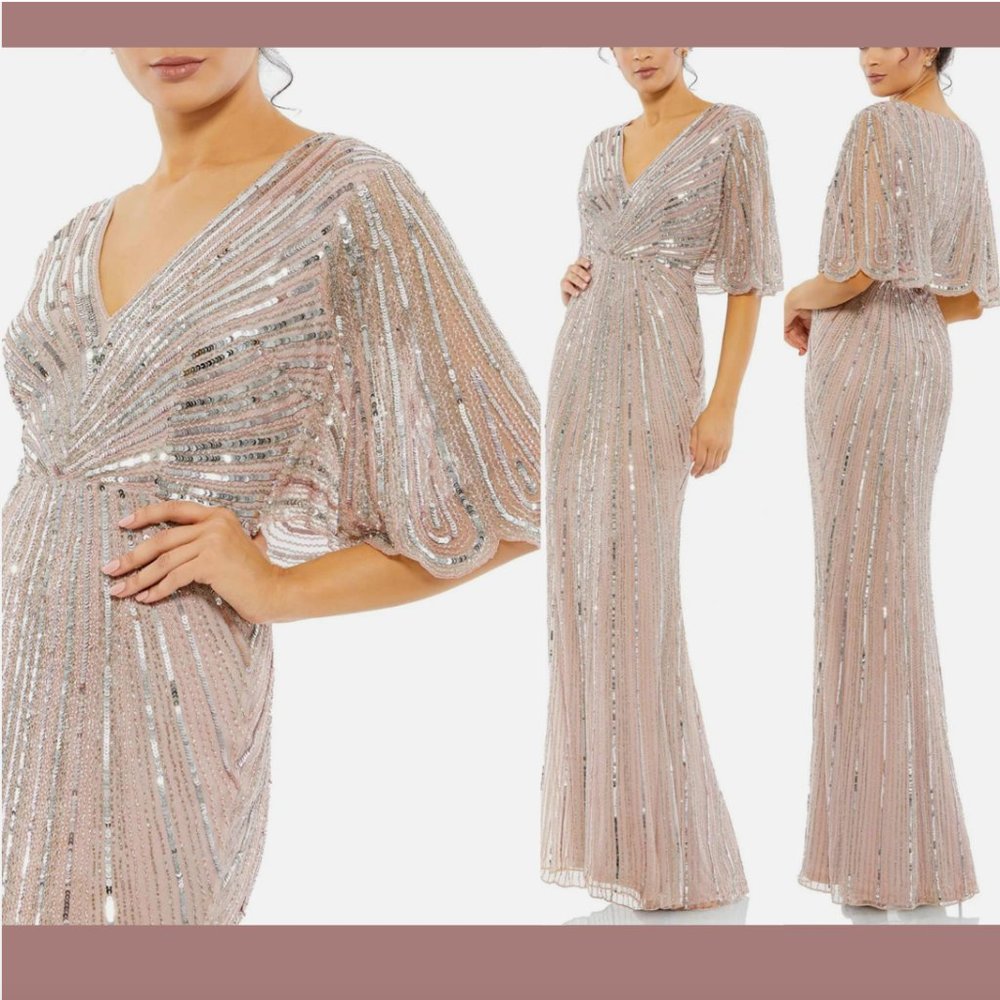 NWT $698 Mac Duggal [ 8 ] Sequined V-Neck Cape Sleeve Column Gown Rose #Q597‎